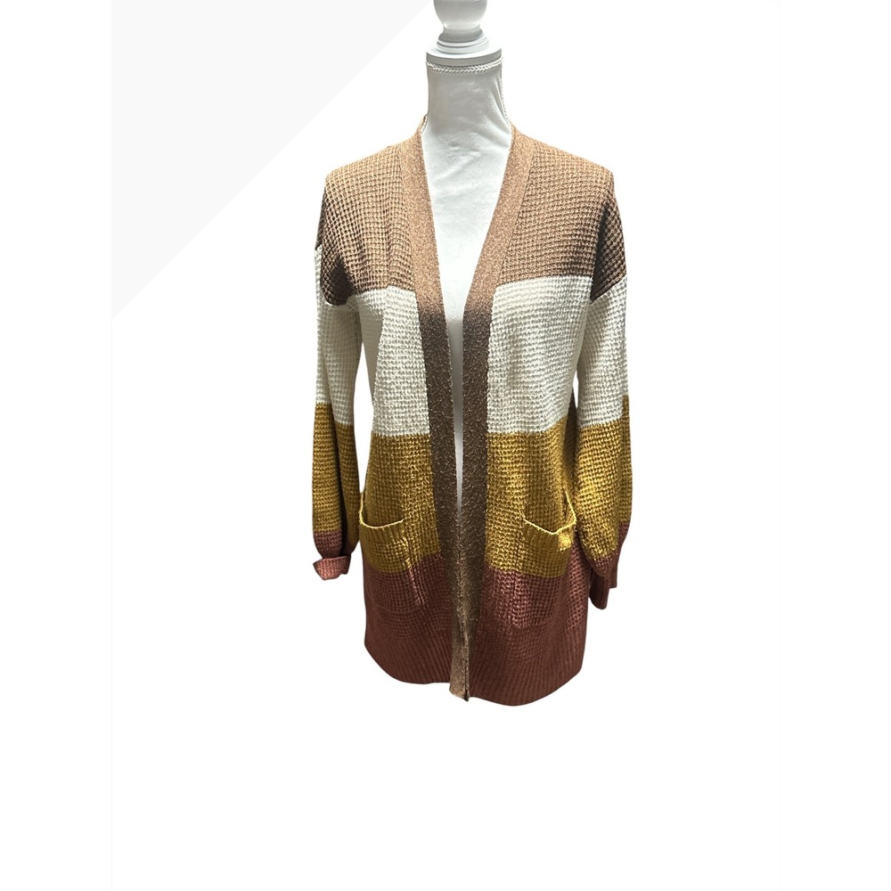 Pink Rose Women's Waffle Knit Color-block Open Front Cardigan Medium